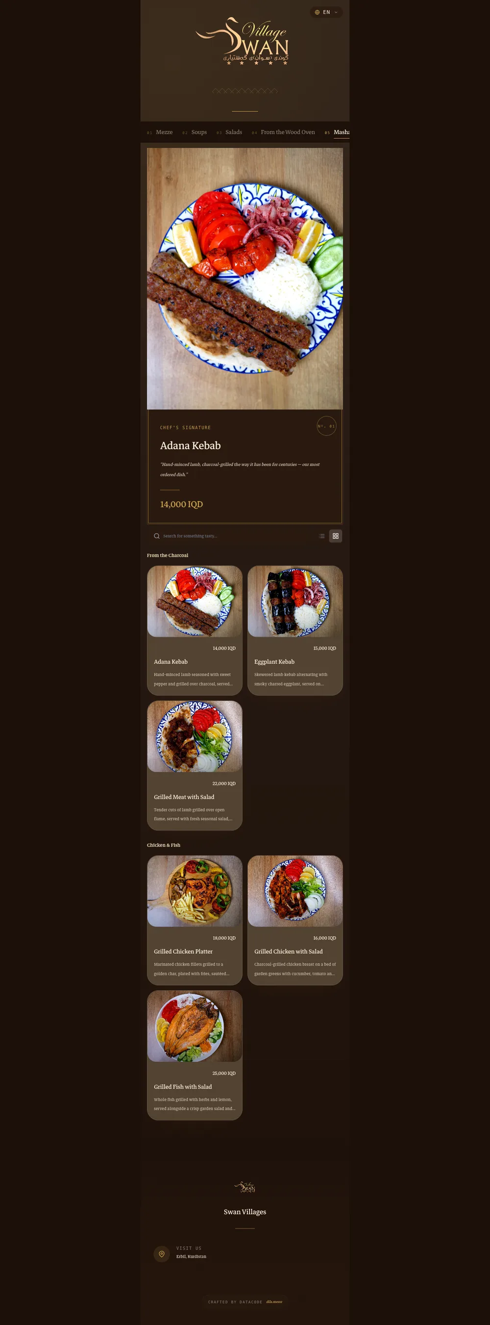 A dila.menu restaurant menu in the Kilim theme showing a chef’s signature Adana Kebab with IQD pricing and food photography.